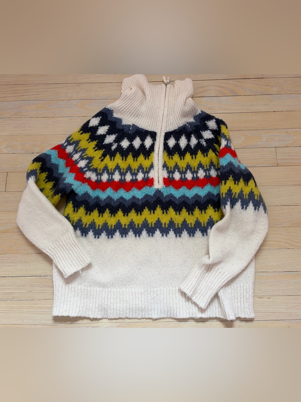aerie Ivory Half-Zip Fair Isle Sweater with Red, Blue, Navy & Chartreuse Pattern